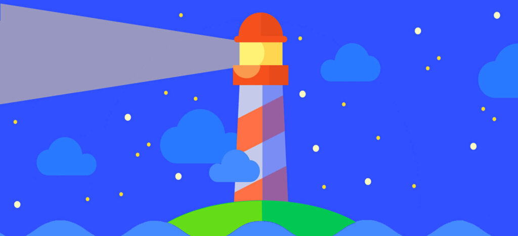 Illustration fra Google Lighthouse af et fyrtårn, der udsender lys om natten, omgivet af skyer og stjerner på en blå baggrund.