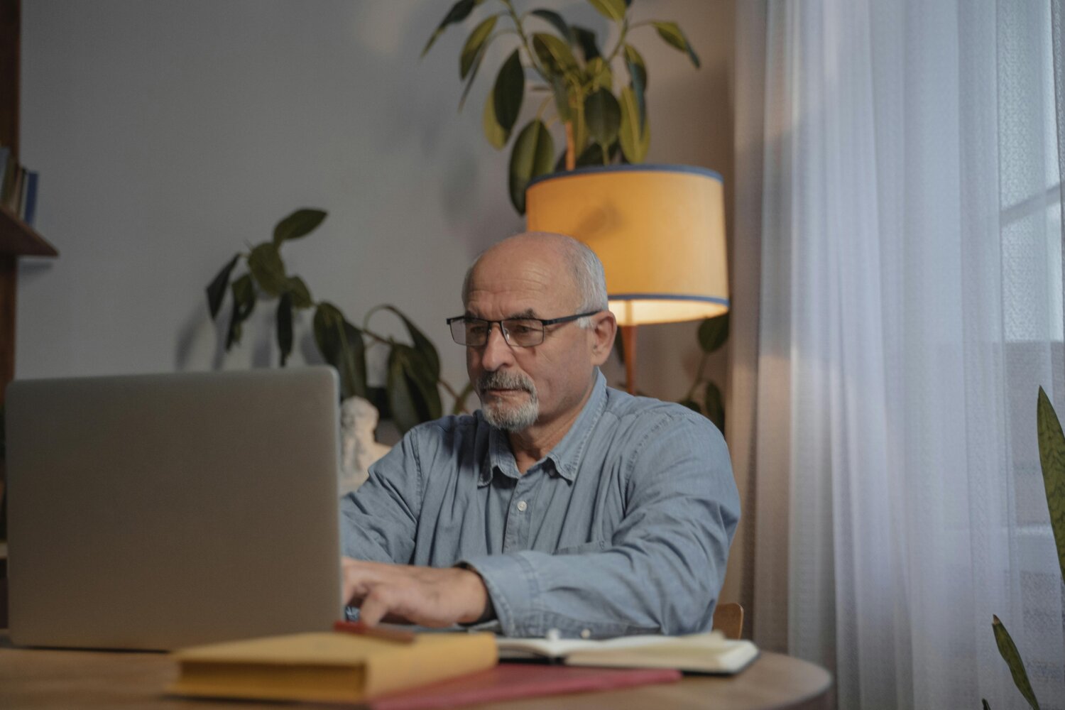 Ældre mand med briller arbejder koncentreret på en bærbar computer ved et bord i et rum med planter og en lampe i baggrunden.