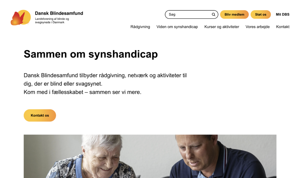 Et screenshot af Dansk Blindesamfunds hjemmeside.