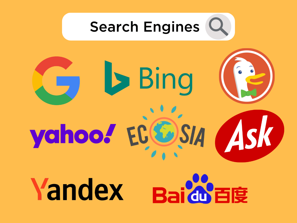 Billede viser logoer for forskellige søgemaskiner: Google, Bing, DuckDuckGo, Yahoo!, Ecosia, Ask, Yandex og Baidu.